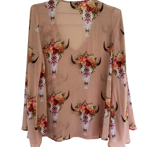 Show Me Your MuMu Frida Cow Skull Peach Blouse S - Picture 3 of 5